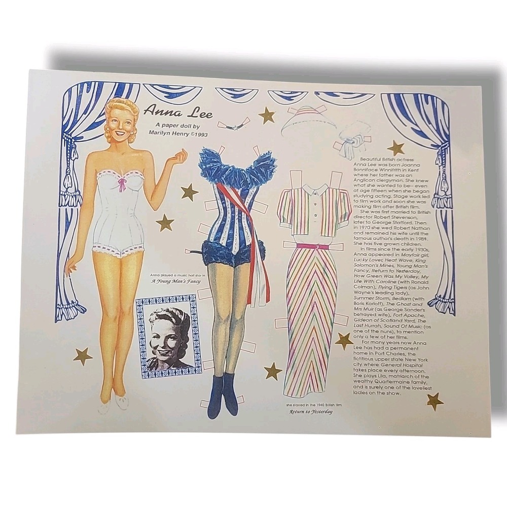 Anna Lee‎ Paper Doll Sheet 1993 Marilyn Henry Loose Page Costumes Vintage